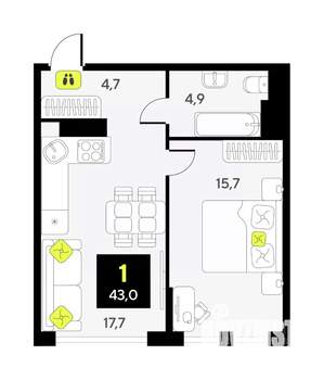 1-к квартира, вторичка, 43м2, 7/9 этаж