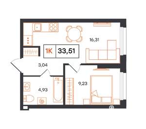 1-к квартира, строящийся дом, 34м2, 1/24 этаж