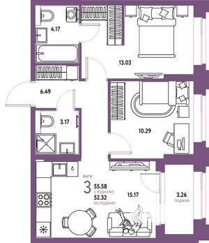 3-к квартира, вторичка, 56м2, 2/25 этаж