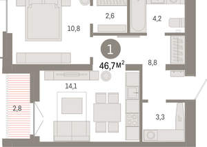 1-к квартира, вторичка, 47м2, 13/16 этаж