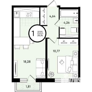 1-к квартира, строящийся дом, 40м2, 3/4 этаж
