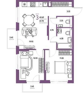 3-к квартира, вторичка, 63м2, 8/25 этаж