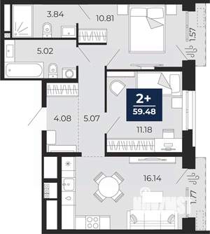 2-к квартира, вторичка, 59м2, 3/14 этаж