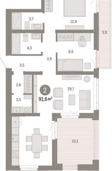 2-к квартира, вторичка, 92м2, 3/25 этаж