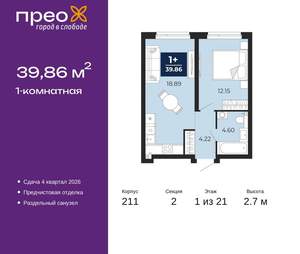 1-к квартира, вторичка, 40м2, 1/21 этаж