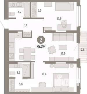 2-к квартира, вторичка, 75м2, 13/17 этаж