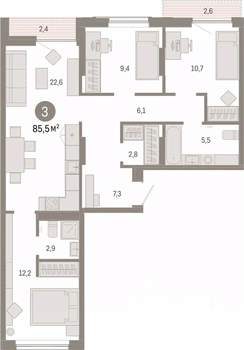 3-к квартира, вторичка, 86м2, 6/9 этаж