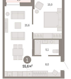 1-к квартира, вторичка, 56м2, 9/17 этаж