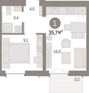1-к квартира, вторичка, 36м2, 6/16 этаж
