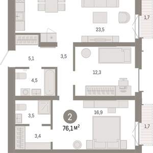 2-к квартира, вторичка, 76м2, 7/16 этаж