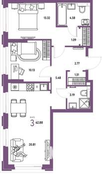 3-к квартира, вторичка, 63м2, 8/25 этаж