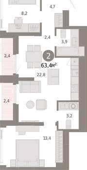 2-к квартира, вторичка, 63м2, 22/25 этаж