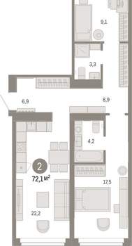 2-к квартира, вторичка, 72м2, 4/16 этаж