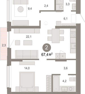 2-к квартира, вторичка, 67м2, 4/17 этаж