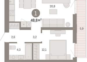 1-к квартира, вторичка, 49м2, 4/25 этаж
