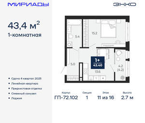 1-к квартира, вторичка, 43м2, 11/16 этаж