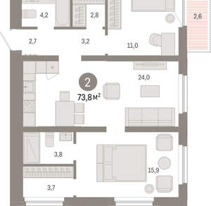 2-к квартира, вторичка, 74м2, 11/16 этаж