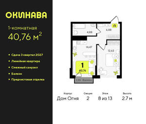 1-к квартира, вторичка, 41м2, 8/19 этаж