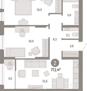 2-к квартира, вторичка, 77м2, 12/17 этаж