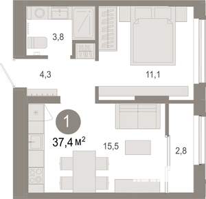 1-к квартира, вторичка, 37м2, 7/9 этаж