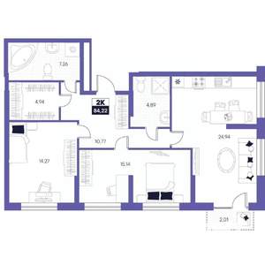 2-к квартира, строящийся дом, 84м2, 2/24 этаж