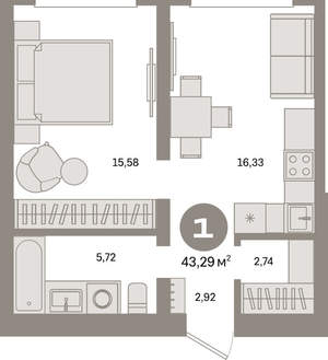 1-к квартира, вторичка, 43м2, 2/8 этаж