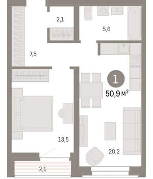 1-к квартира, вторичка, 51м2, 5/10 этаж