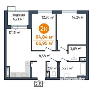 2-к квартира, вторичка, 65м2, 19/24 этаж