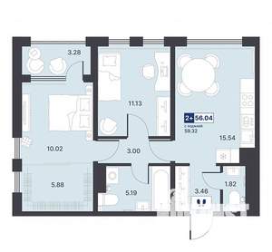 2-к квартира, строящийся дом, 56м2, 2/14 этаж