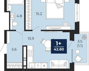 1-к квартира, сданный дом, 45м2, 11/18 этаж
