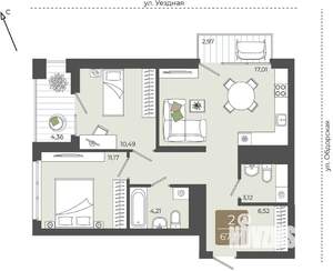 2-к квартира, вторичка, 67м2, 11/15 этаж