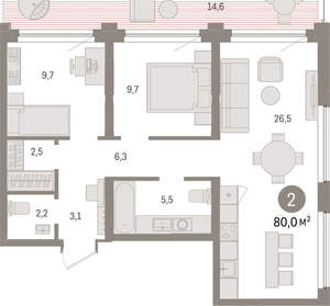 2-к квартира, вторичка, 80м2, 3/9 этаж