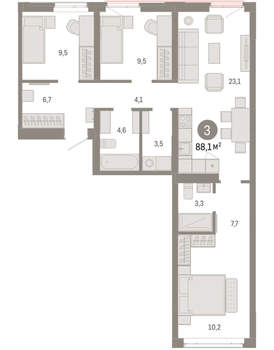 3-к квартира, вторичка, 88м2, 7/25 этаж