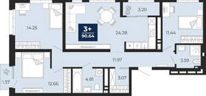 3-к квартира, вторичка, 91м2, 2/24 этаж