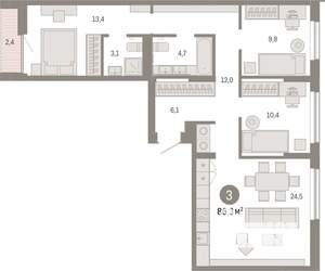 3-к квартира, вторичка, 86м2, 4/7 этаж