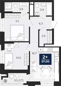 2-к квартира, вторичка, 57м2, 3/14 этаж