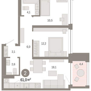 2-к квартира, вторичка, 61м2, 4/8 этаж
