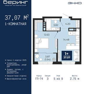 1-к квартира, вторичка, 37м2, 5/21 этаж