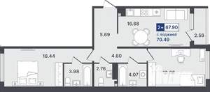 2-к квартира, строящийся дом, 68м2, 3/8 этаж