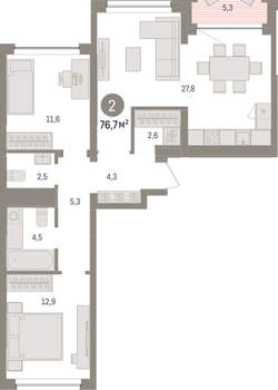 2-к квартира, вторичка, 77м2, 5/8 этаж