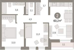 2-к квартира, вторичка, 60м2, 9/17 этаж