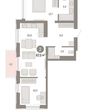 2-к квартира, вторичка, 68м2, 19/25 этаж