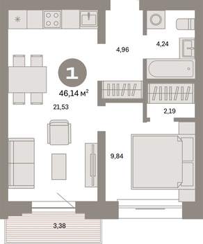 1-к квартира, вторичка, 46м2, 5/8 этаж