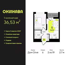 1-к квартира, вторичка, 37м2, 2/19 этаж