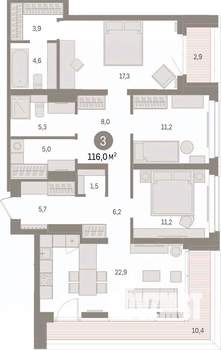 3-к квартира, вторичка, 116м2, 3/16 этаж
