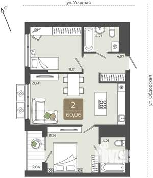 2-к квартира, вторичка, 60м2, 8/15 этаж
