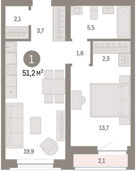 1-к квартира, вторичка, 51м2, 2/10 этаж
