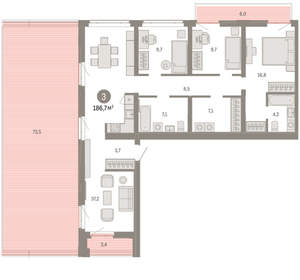 3-к квартира, вторичка, 187м2, 3/25 этаж