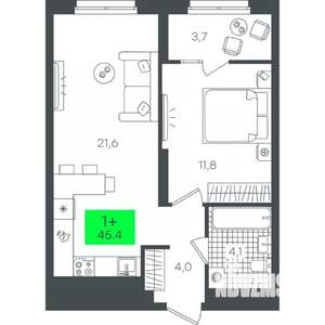 1-к квартира, строящийся дом, 45м2, 4/17 этаж
