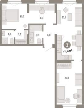 3-к квартира, вторичка, 79м2, 8/17 этаж